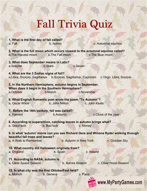 Printable Fall Trivia Questions